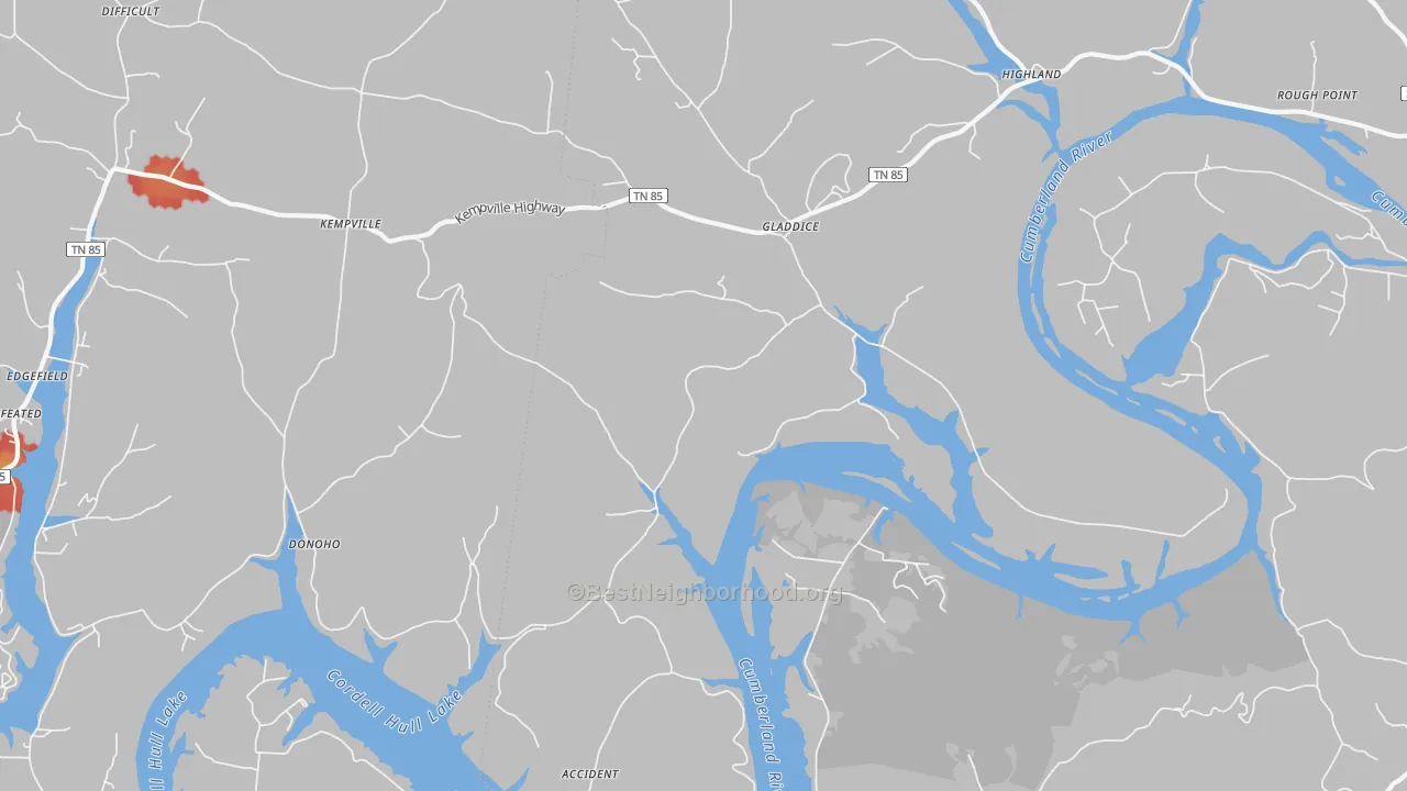 Walk Grade map of Gladdice, TN, walkable areas in green and car-dependent areas in red