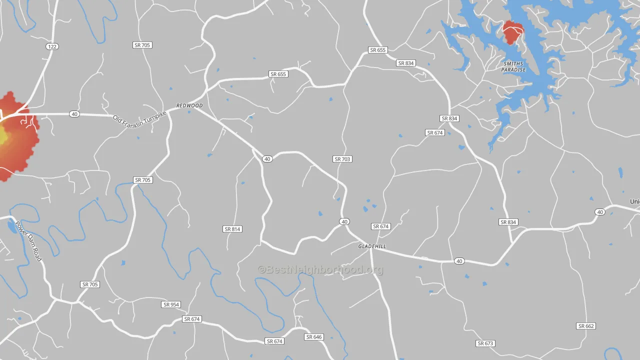 Walk Grade map of Glade Hill, VA, walkable areas in green and car-dependent areas in red
