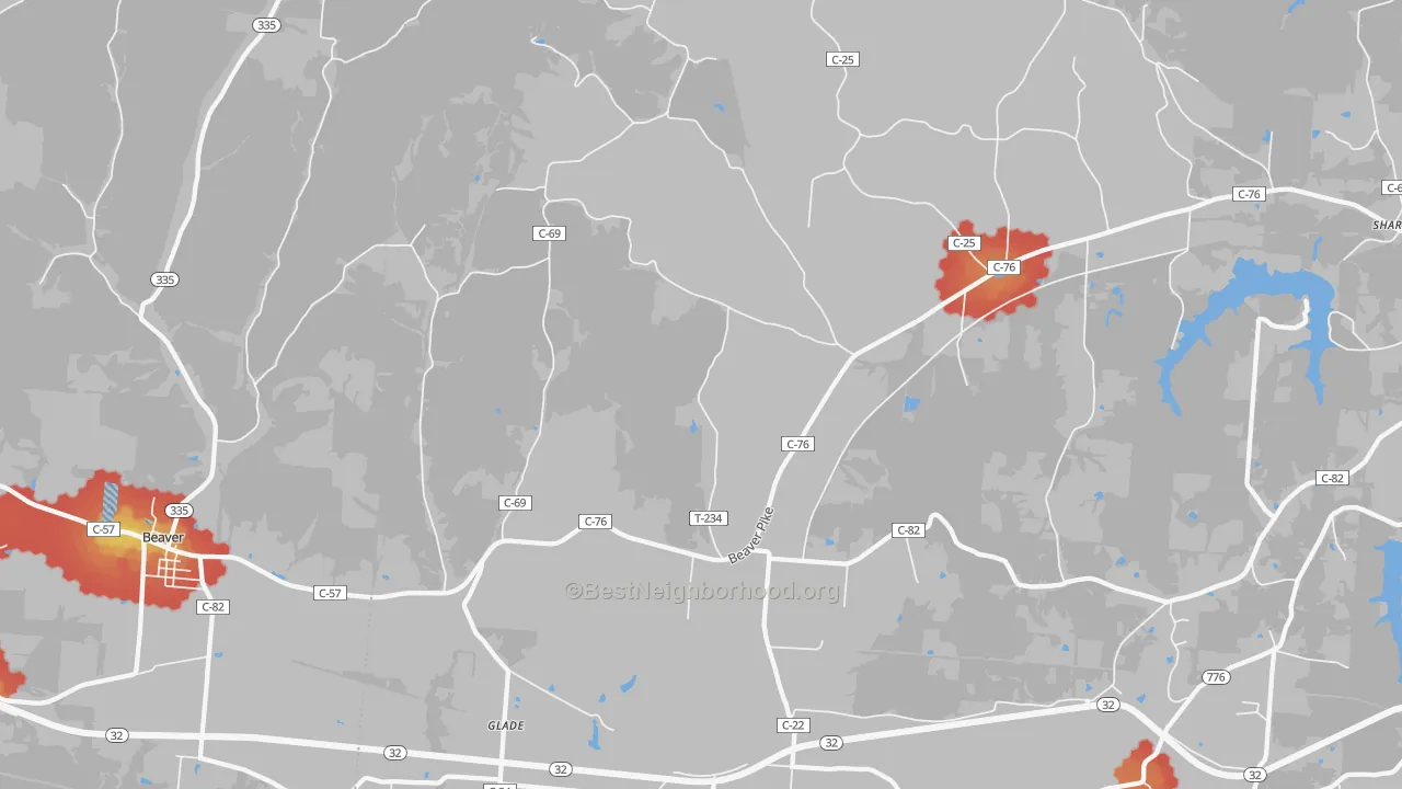 Walk Grade map of Glade, OH, walkable areas in green and car-dependent areas in red