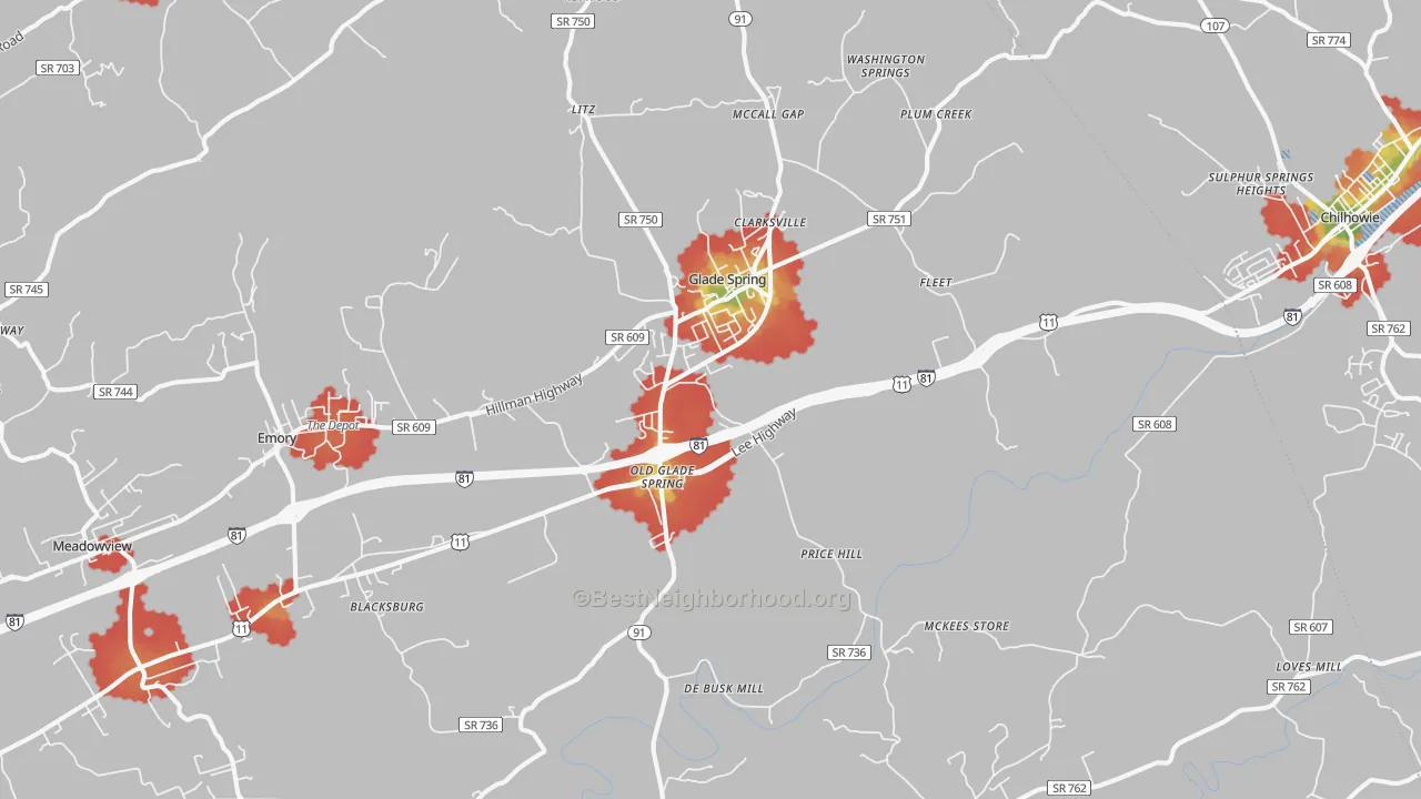 Walk Grade map of Glade Spring, VA, walkable areas in green and car-dependent areas in red