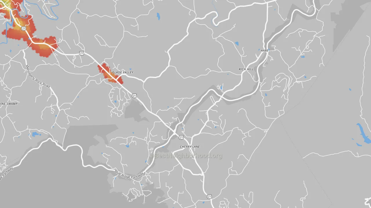 Walk Grade map of Glade Valley, NC, walkable areas in green and car-dependent areas in red