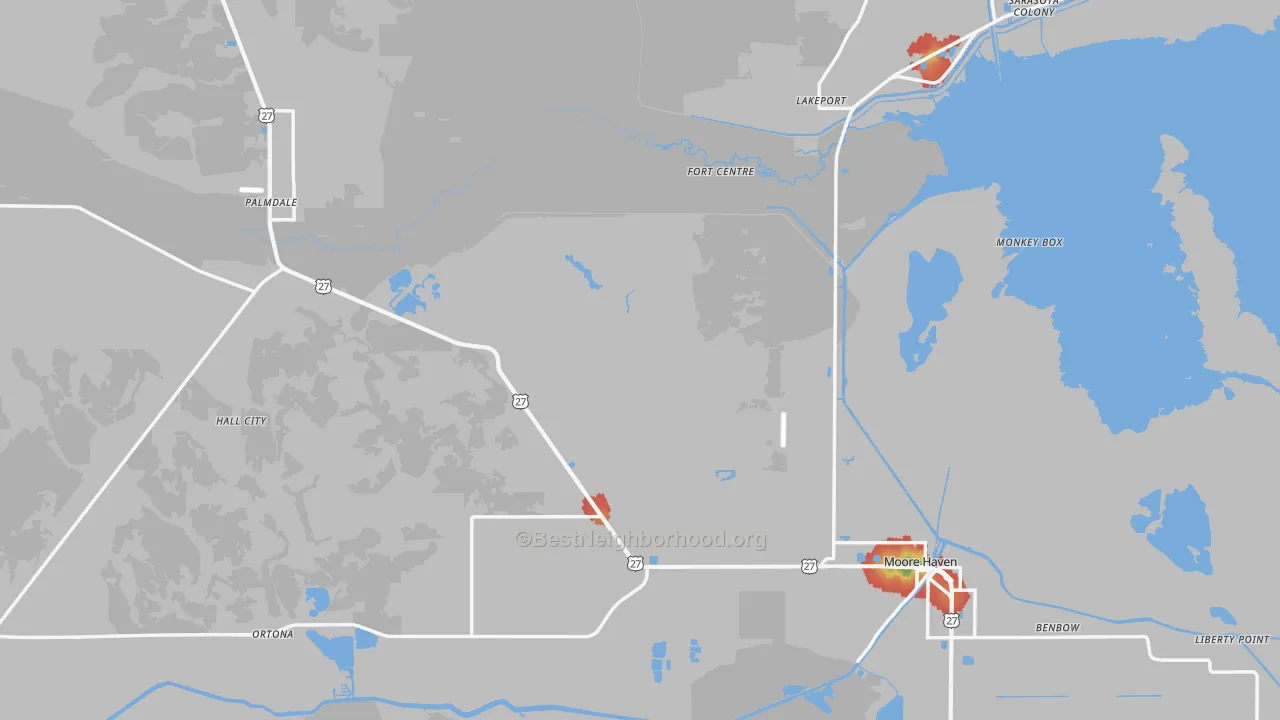 Walk Grade map of Glades County, FL, walkable areas in green and car-dependent areas in red