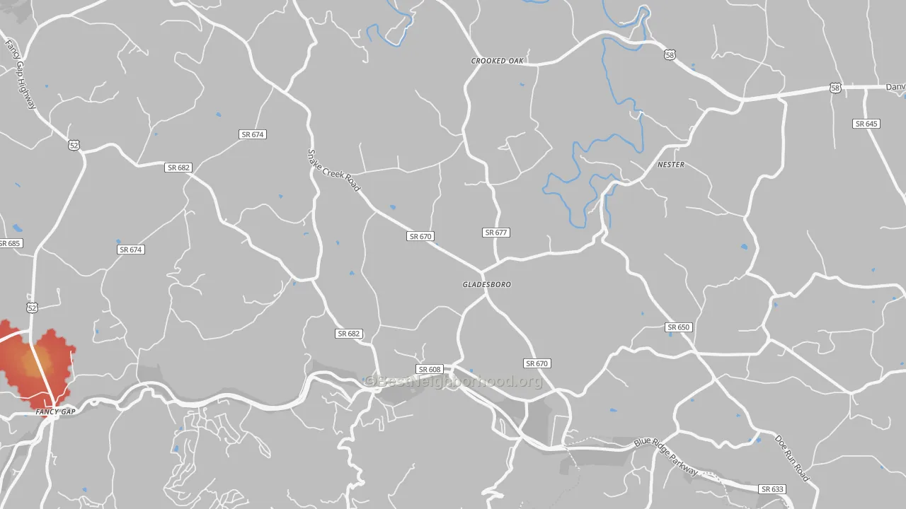 Walk Grade map of Gladesboro, VA, walkable areas in green and car-dependent areas in red