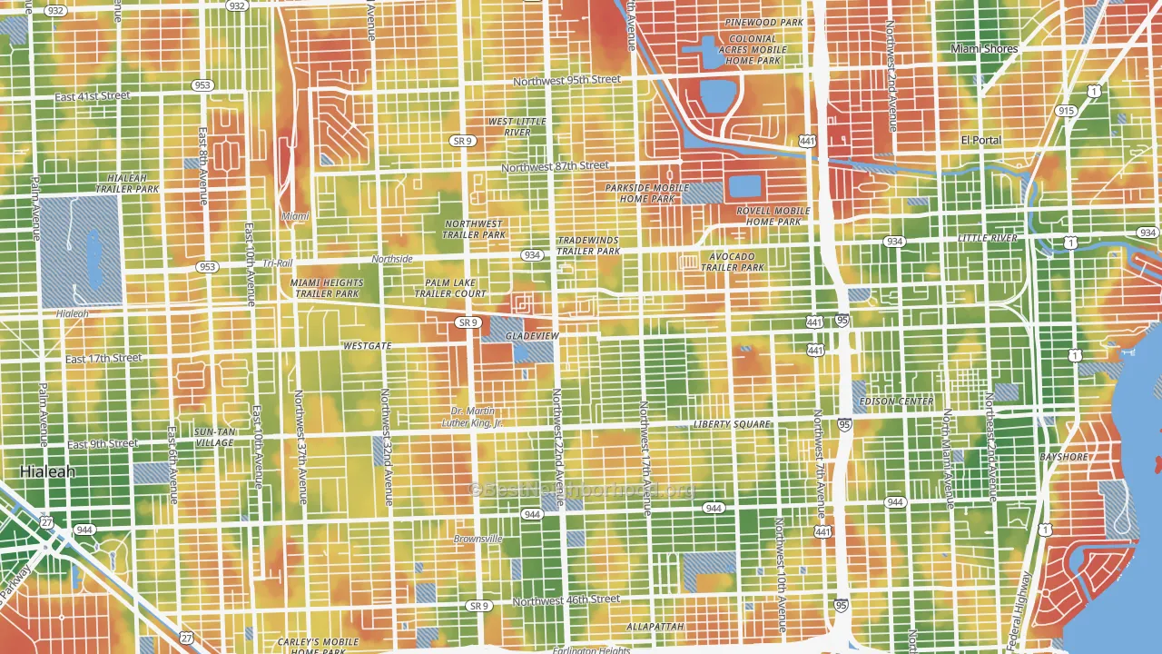 Walk Grade map of Gladeview, FL, walkable areas in green and car-dependent areas in red