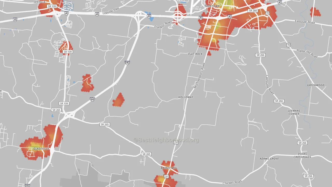 Walk Grade map of Gladeville, TN, walkable areas in green and car-dependent areas in red