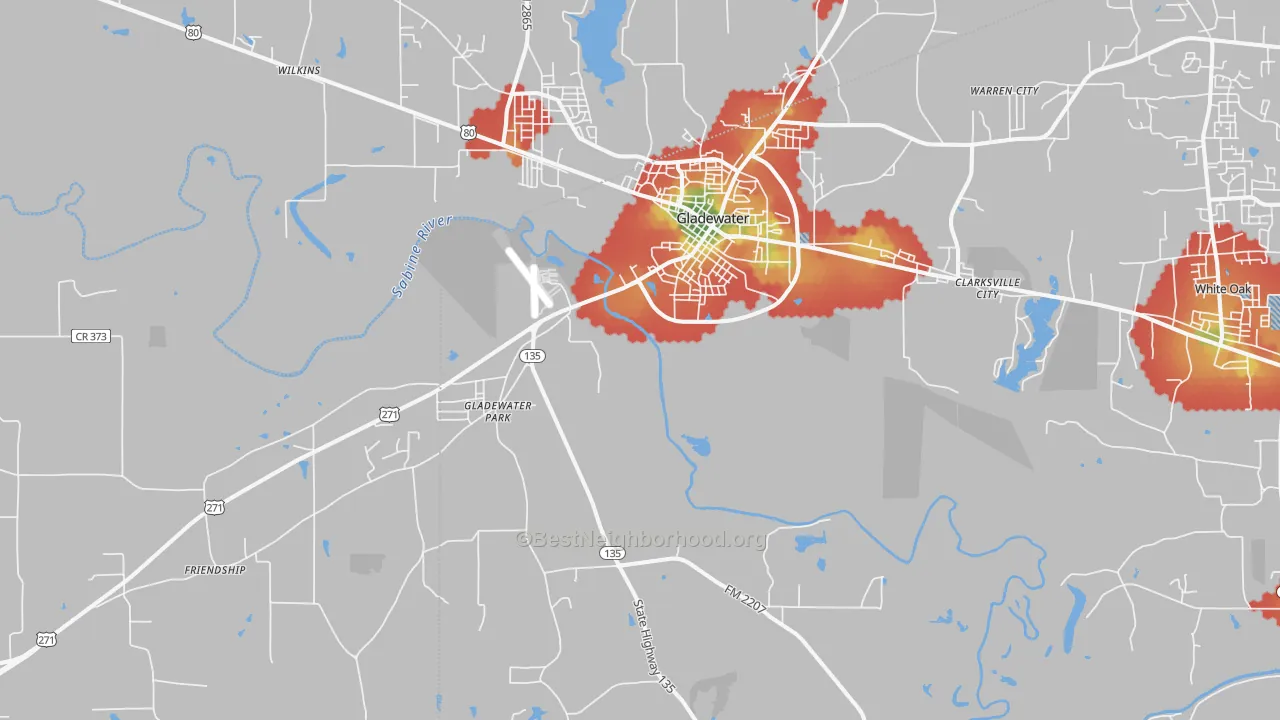 Walk Grade map of Gladewater, TX, walkable areas in green and car-dependent areas in red