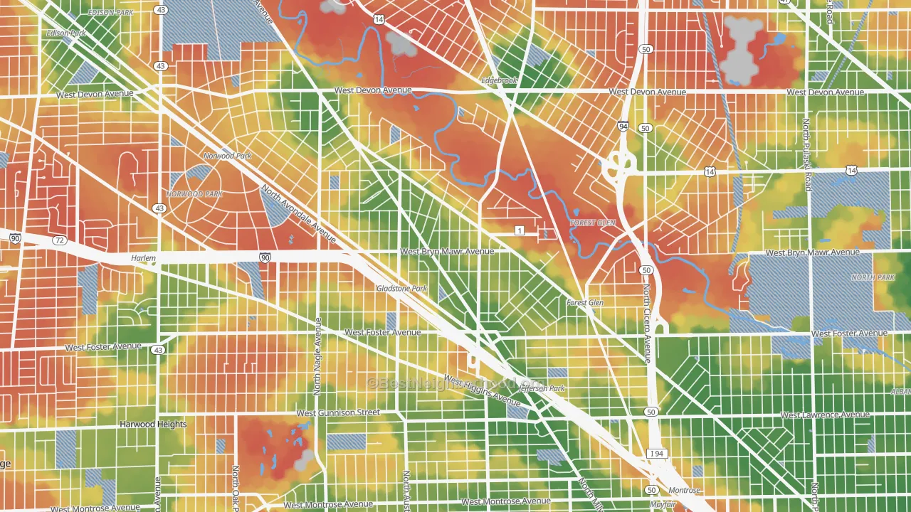 Walk Grade map of Gladstone, Chicago, IL, walkable areas in green and car-dependent areas in red