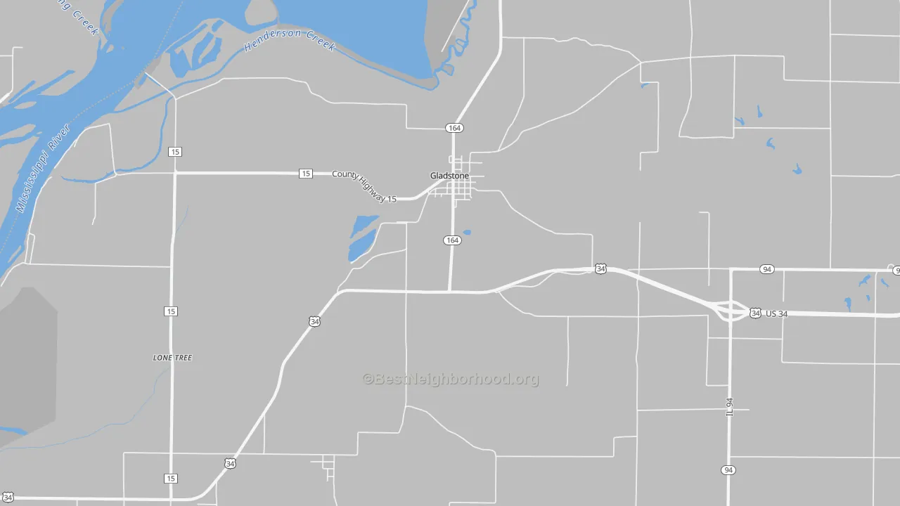 Walk Grade map of Gladstone, IL, walkable areas in green and car-dependent areas in red