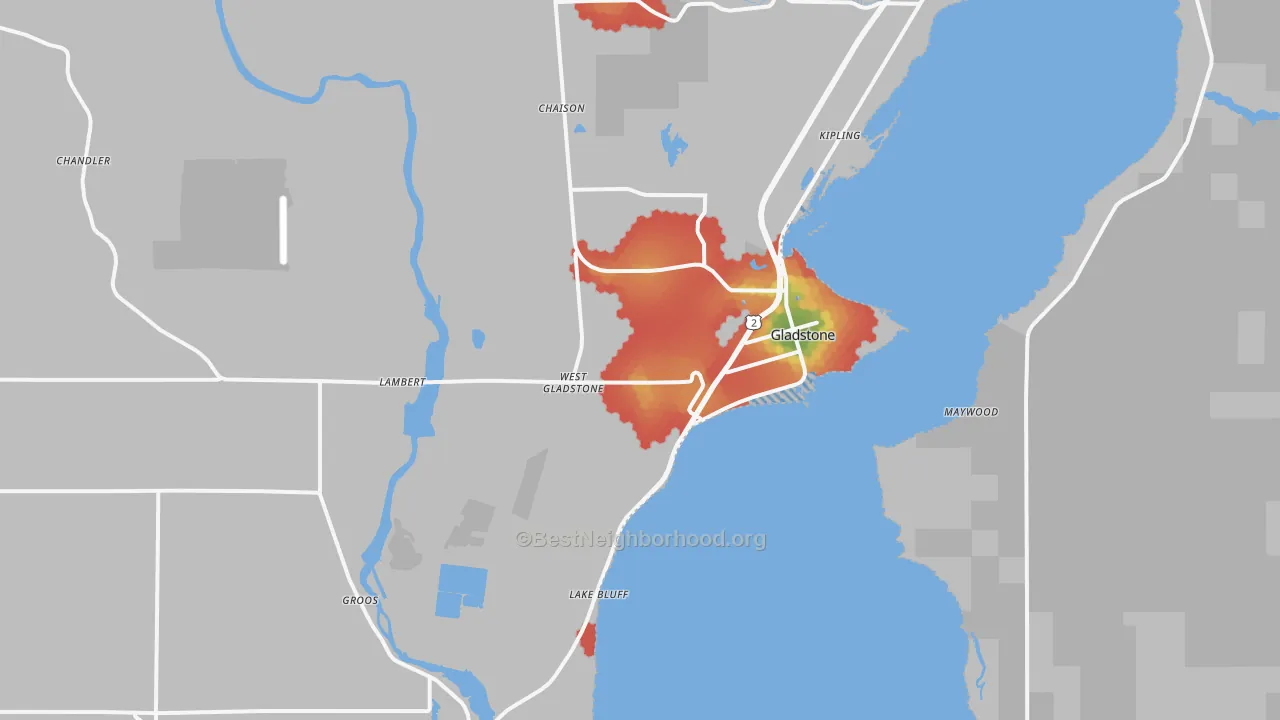 Walk Grade map of Gladstone, MI, walkable areas in green and car-dependent areas in red