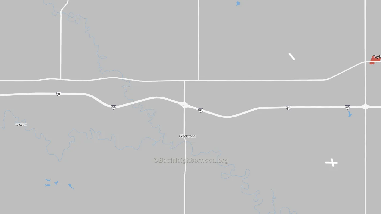 Walk Grade map of Gladstone, ND, walkable areas in green and car-dependent areas in red