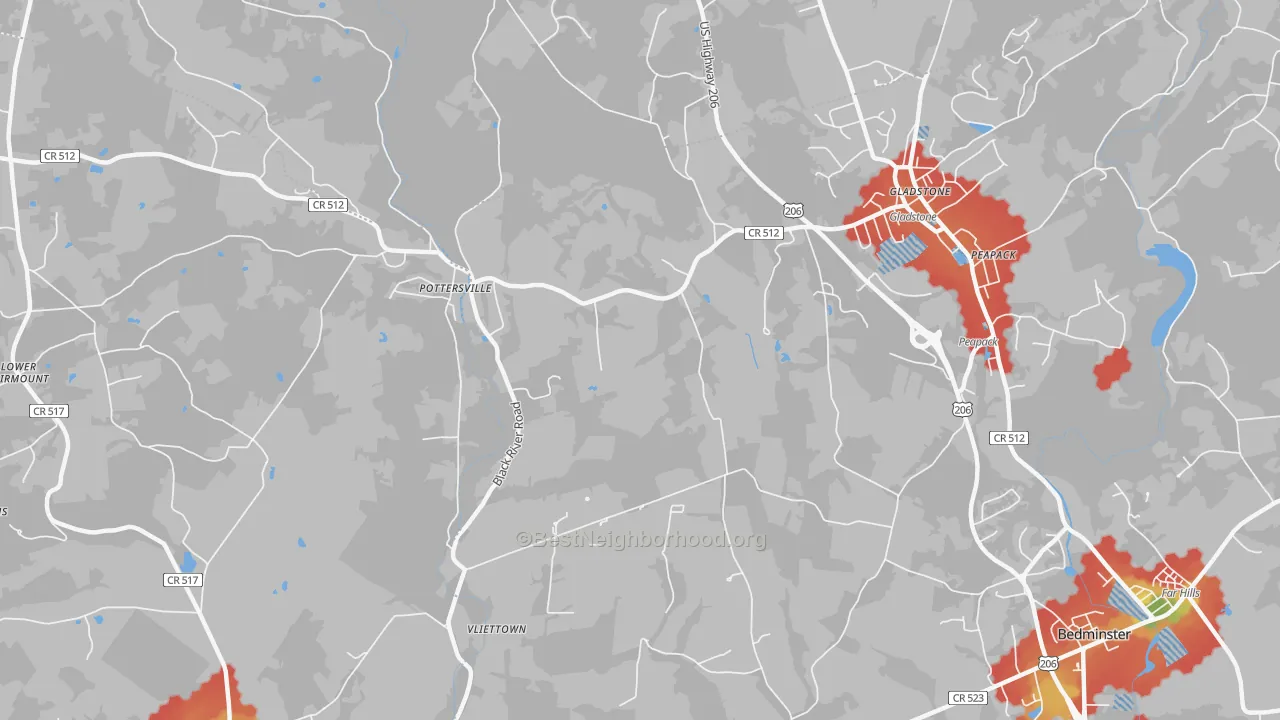 Walk Grade map of Gladstone, NJ, walkable areas in green and car-dependent areas in red