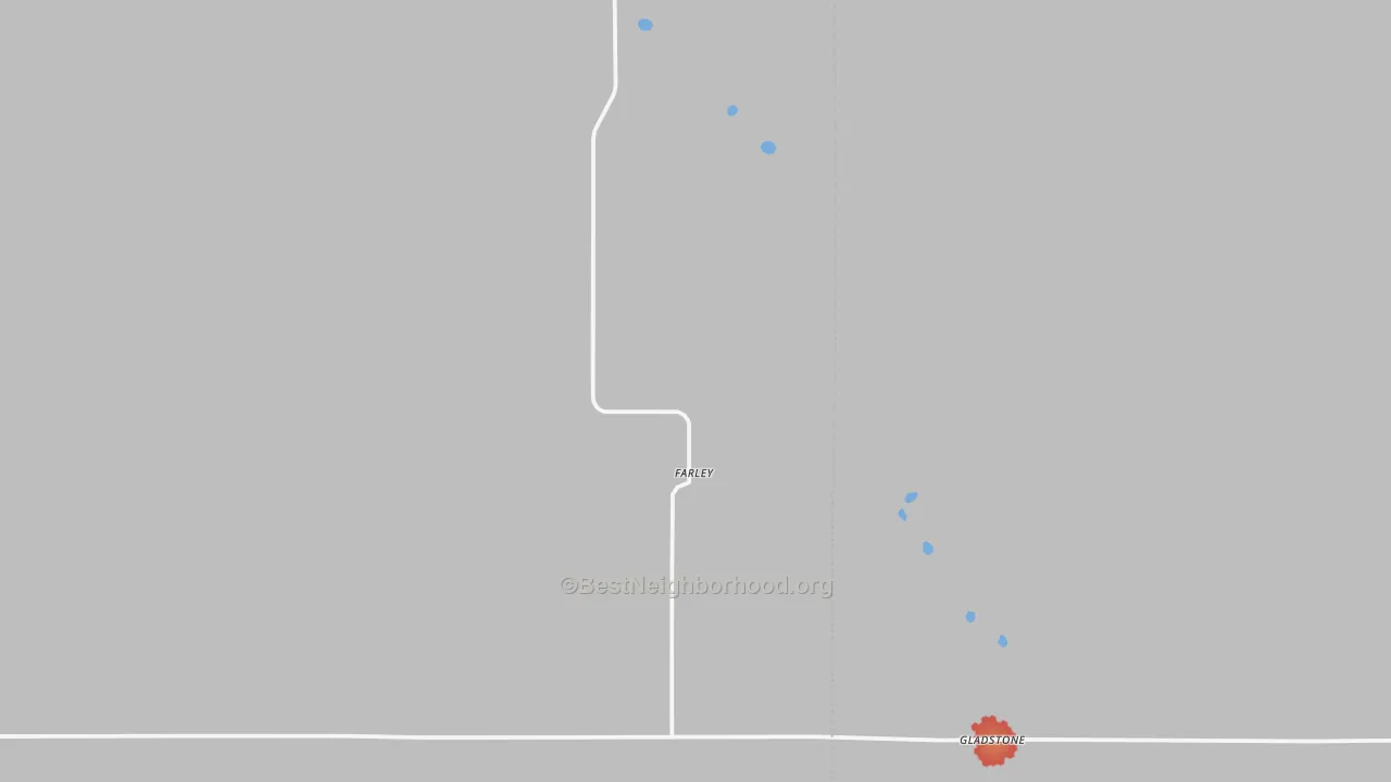 Walk Grade map of Gladstone, NM, walkable areas in green and car-dependent areas in red