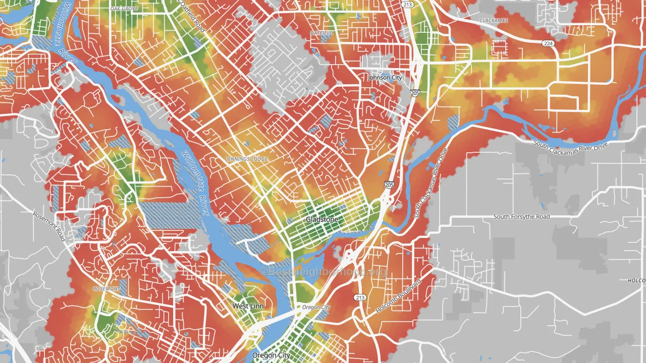 Walk Grade map of Gladstone, OR, walkable areas in green and car-dependent areas in red