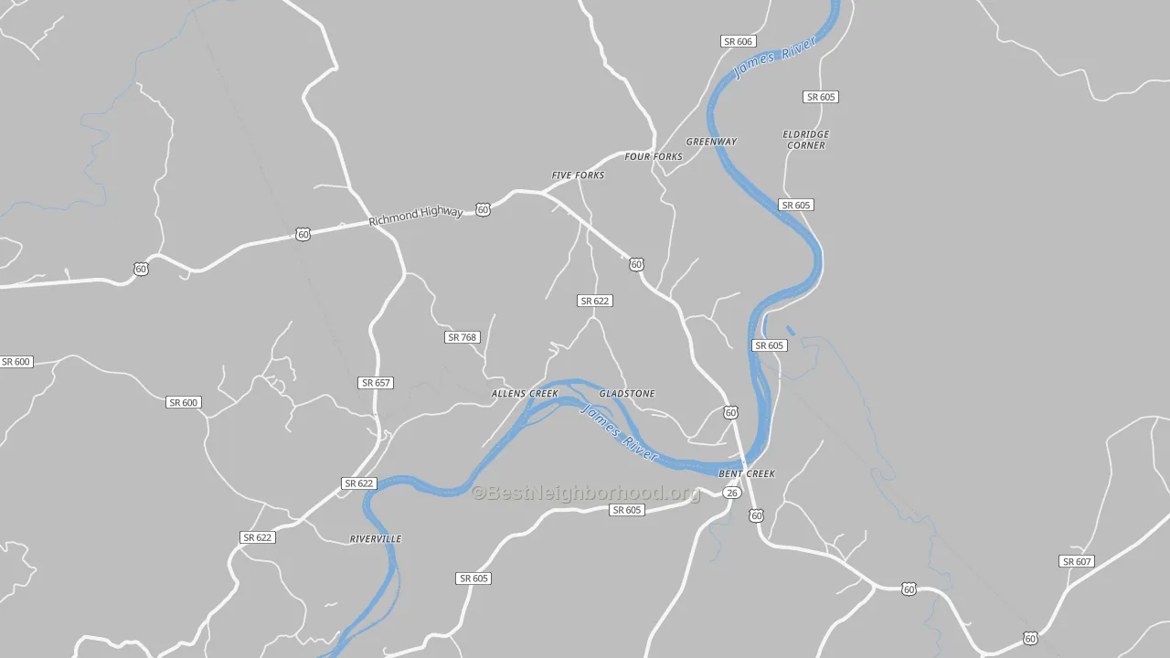 Walk Grade map of Gladstone, VA, walkable areas in green and car-dependent areas in red