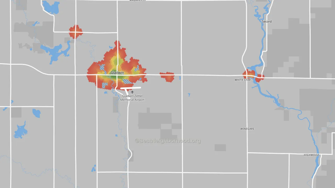 Walk Grade map of Gladwin County, MI, walkable areas in green and car-dependent areas in red