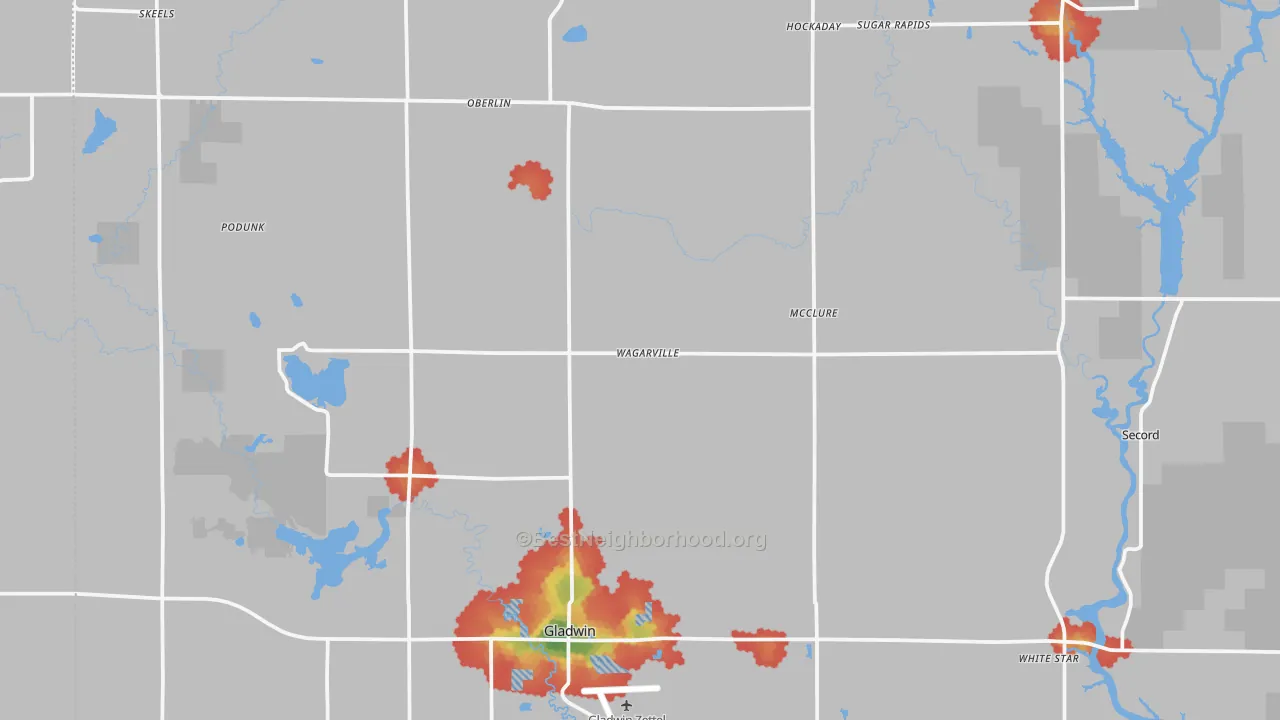 Walk Grade map of Gladwin, MI, walkable areas in green and car-dependent areas in red