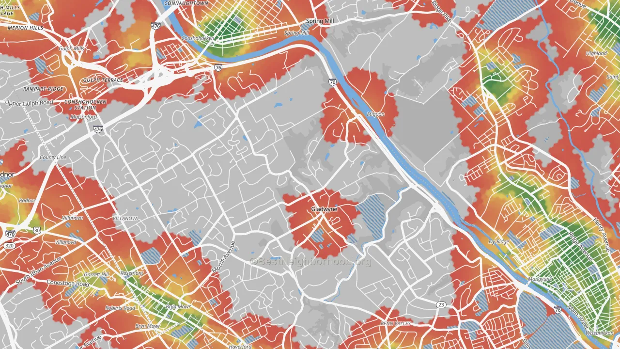 Walk Grade map of Gladwyne, PA, walkable areas in green and car-dependent areas in red