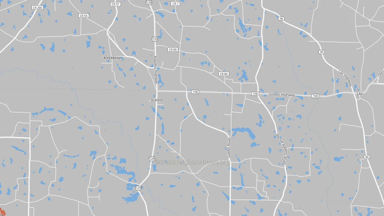 Walk Grade map of Gladys, GA, walkable areas in green and car-dependent areas in red