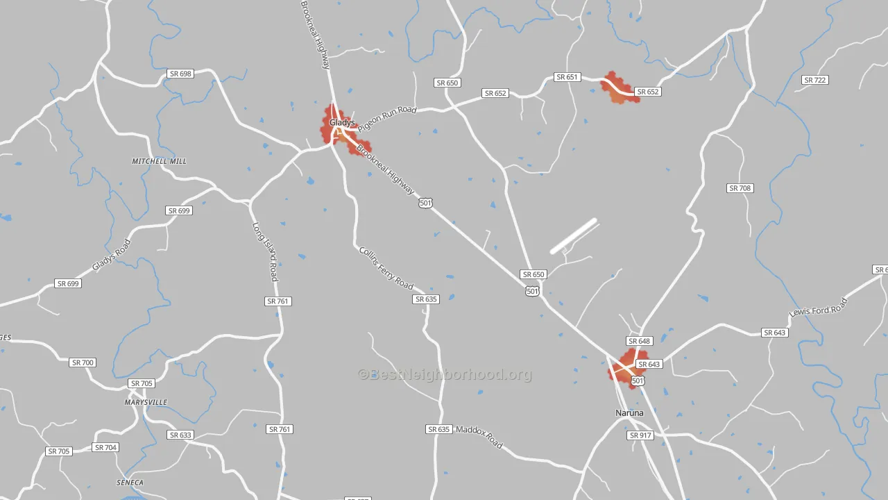 Walk Grade map of Gladys, VA, walkable areas in green and car-dependent areas in red