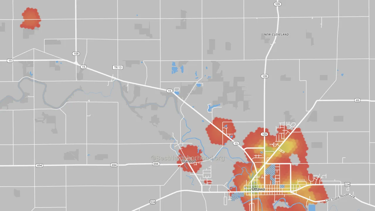 Walk Grade map of Glandorf, OH, walkable areas in green and car-dependent areas in red