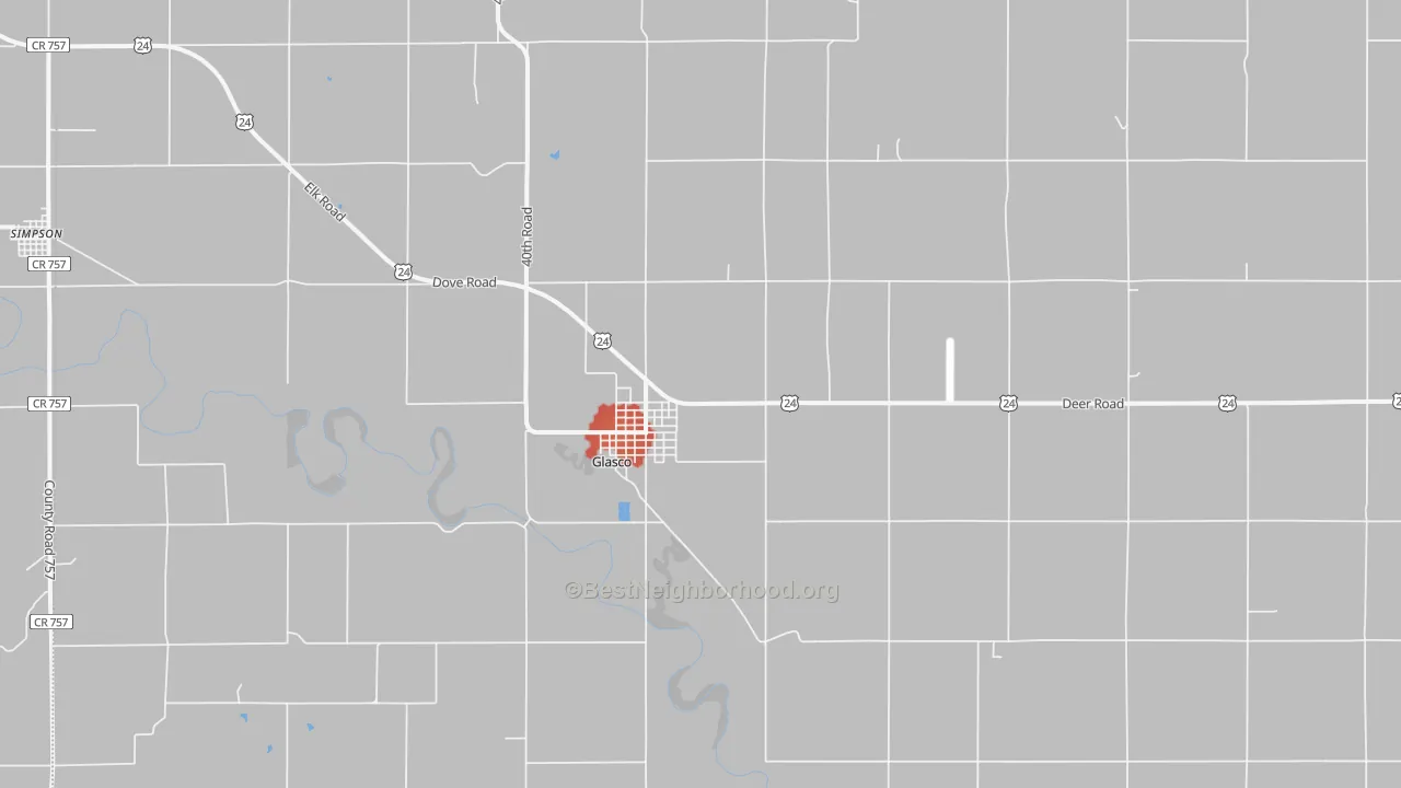 Walk Grade map of Glasco, KS, walkable areas in green and car-dependent areas in red