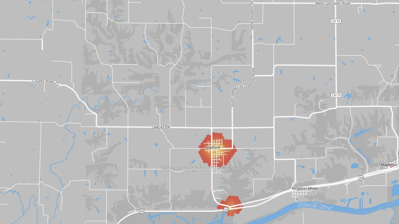 Walk Grade map of Glasford, IL, walkable areas in green and car-dependent areas in red