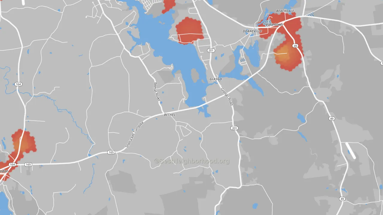 Walk Grade map of Glasgo, CT, walkable areas in green and car-dependent areas in red