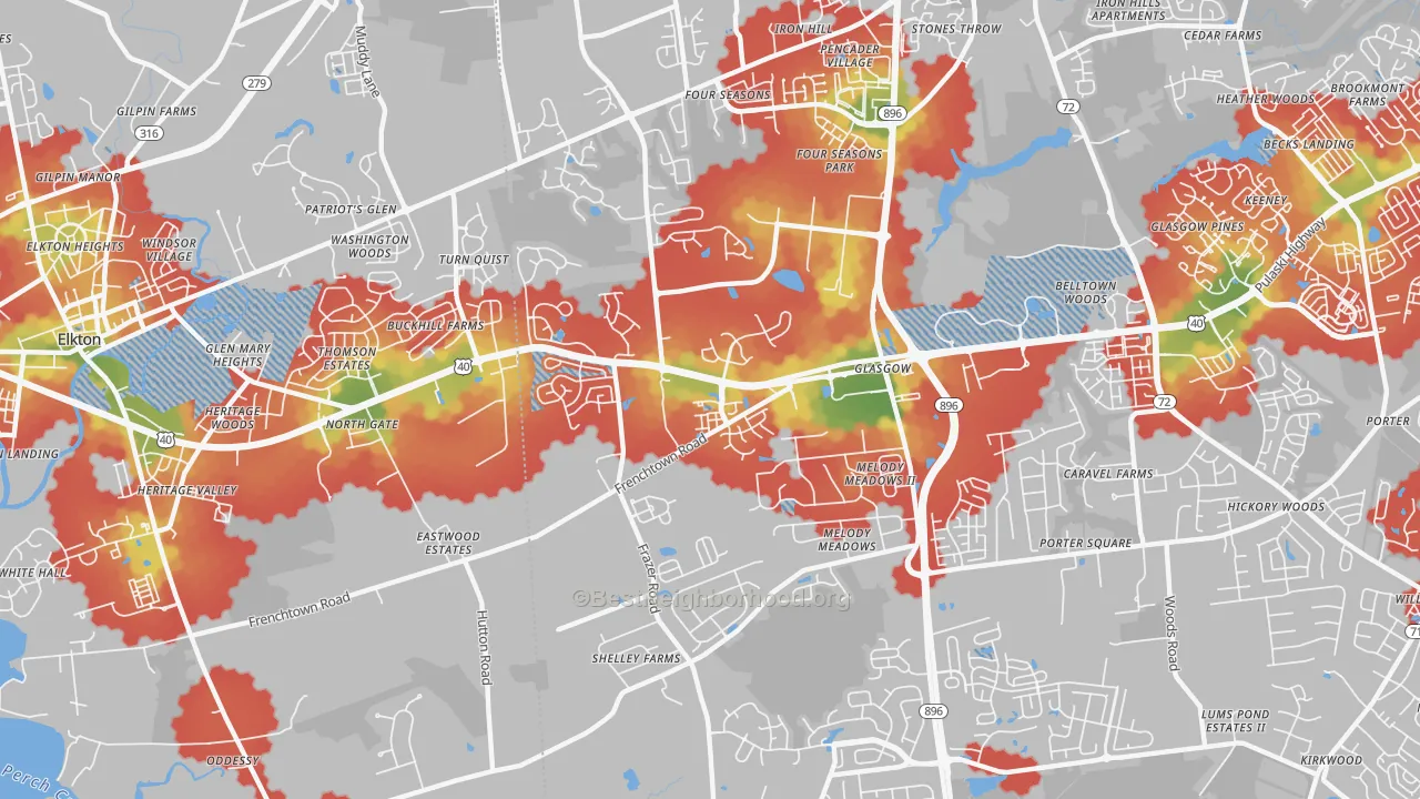 Walk Grade map of Glasgow, DE, walkable areas in green and car-dependent areas in red