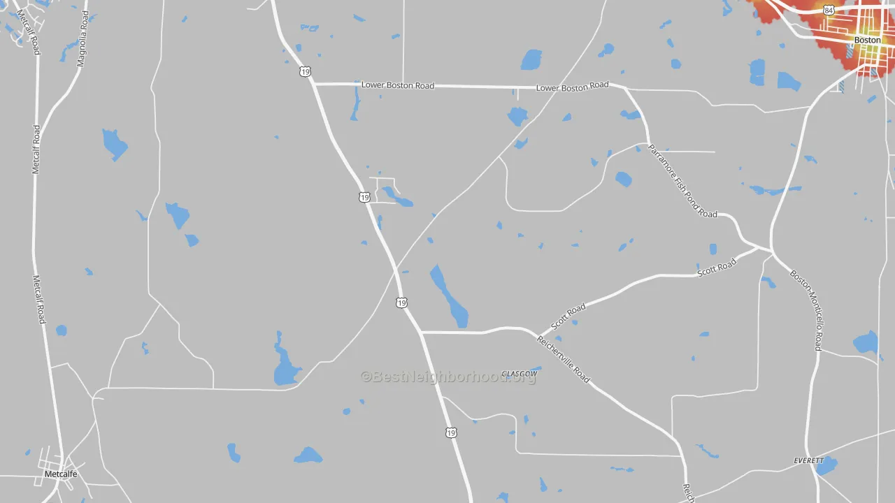 Walk Grade map of Glasgow, GA, walkable areas in green and car-dependent areas in red
