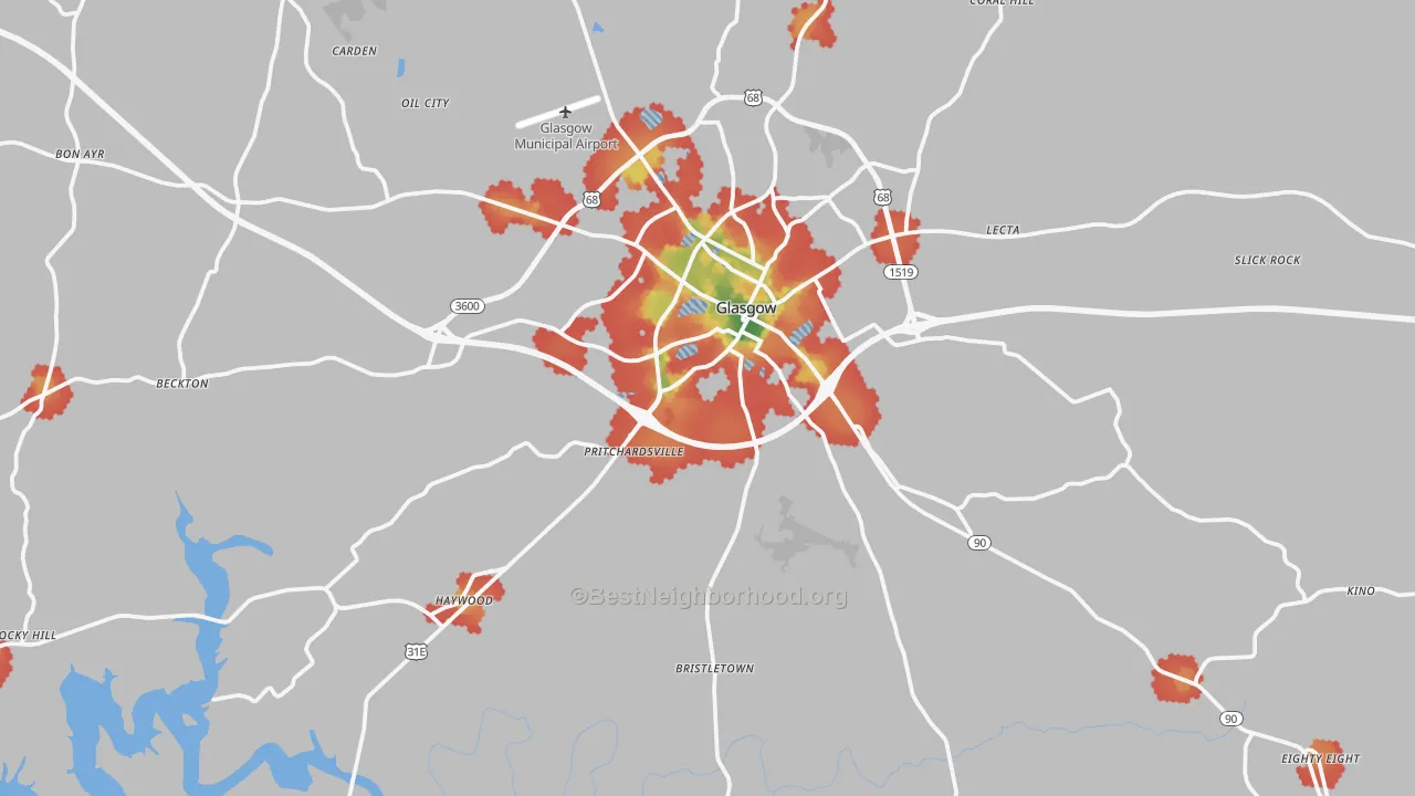 Walk Grade map of Glasgow, KY, walkable areas in green and car-dependent areas in red