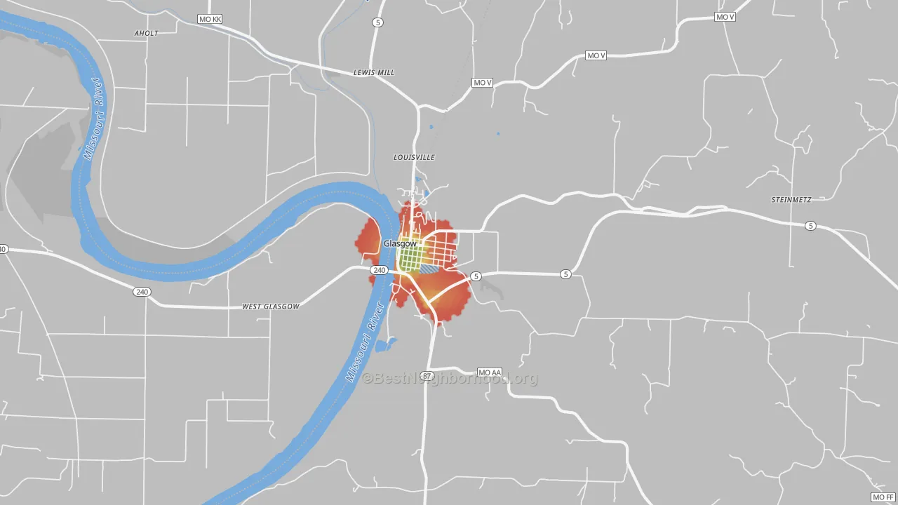 Walk Grade map of Glasgow, MO, walkable areas in green and car-dependent areas in red