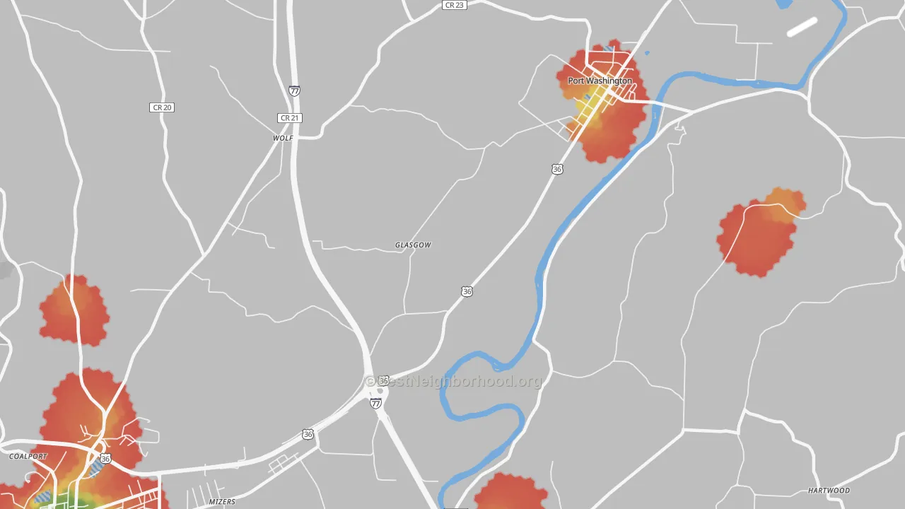 Walk Grade map of Glasgow, OH, walkable areas in green and car-dependent areas in red