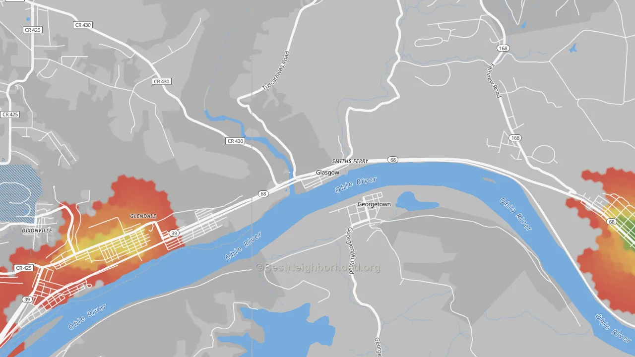 Walk Grade map of Glasgow, PA, walkable areas in green and car-dependent areas in red
