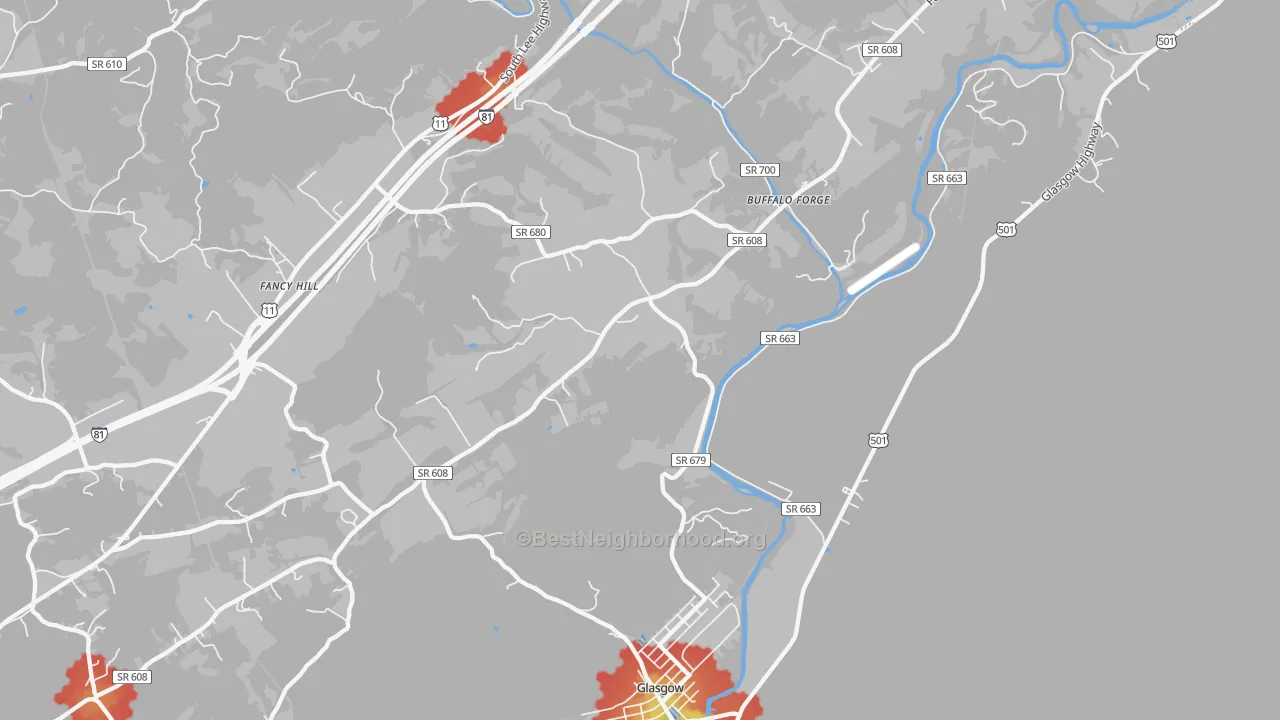 Walk Grade map of Glasgow, VA, walkable areas in green and car-dependent areas in red