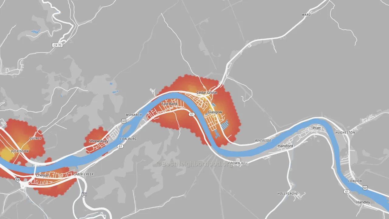 Walk Grade map of Glasgow, WV, walkable areas in green and car-dependent areas in red