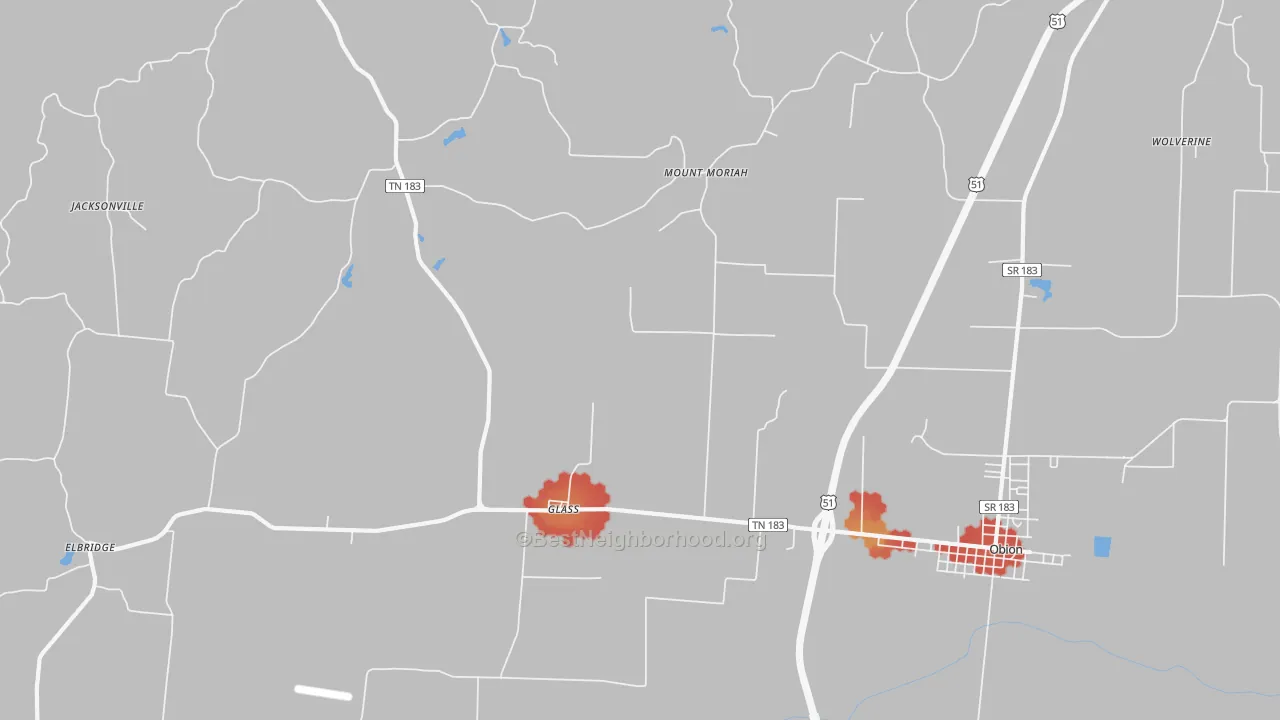 Walk Grade map of Glass, TN, walkable areas in green and car-dependent areas in red