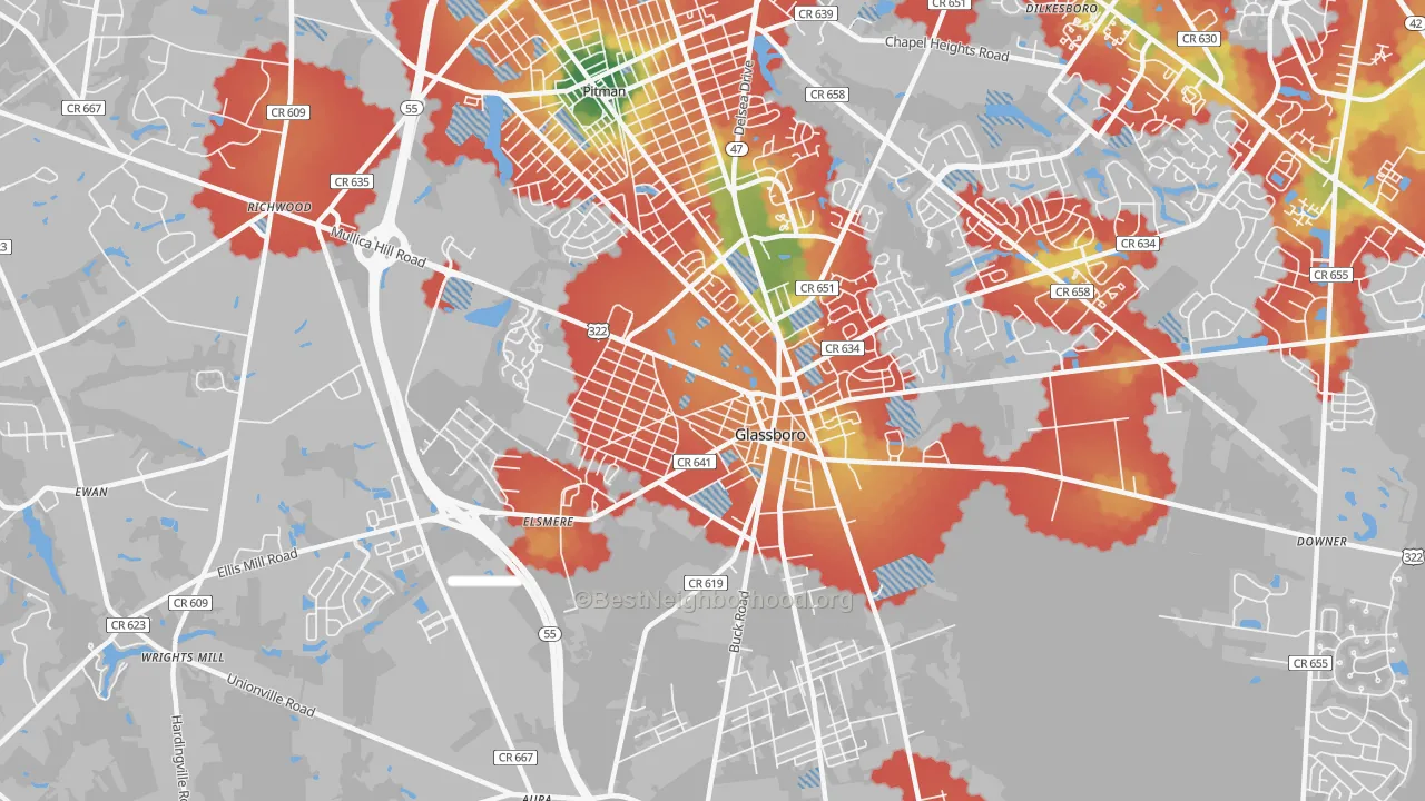 Walk Grade map of Glassboro, NJ, walkable areas in green and car-dependent areas in red