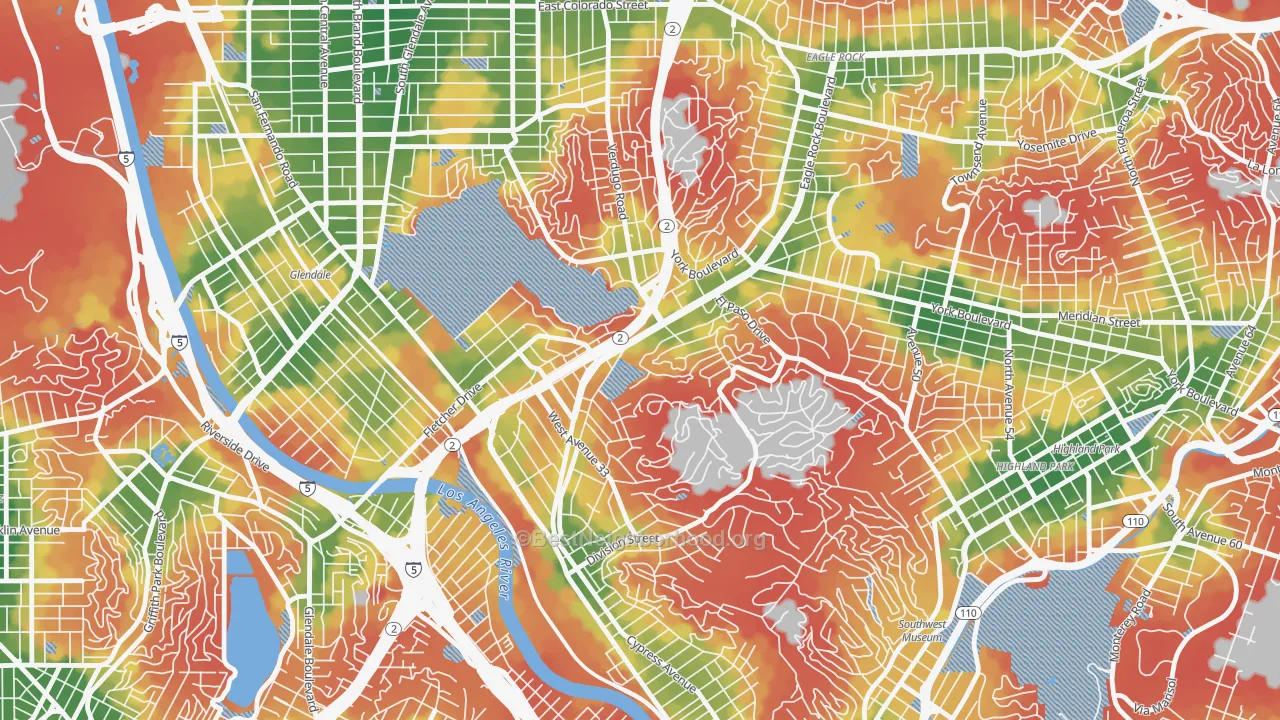Walk Grade map of Glassell Park, Los Angeles, CA, walkable areas in green and car-dependent areas in red