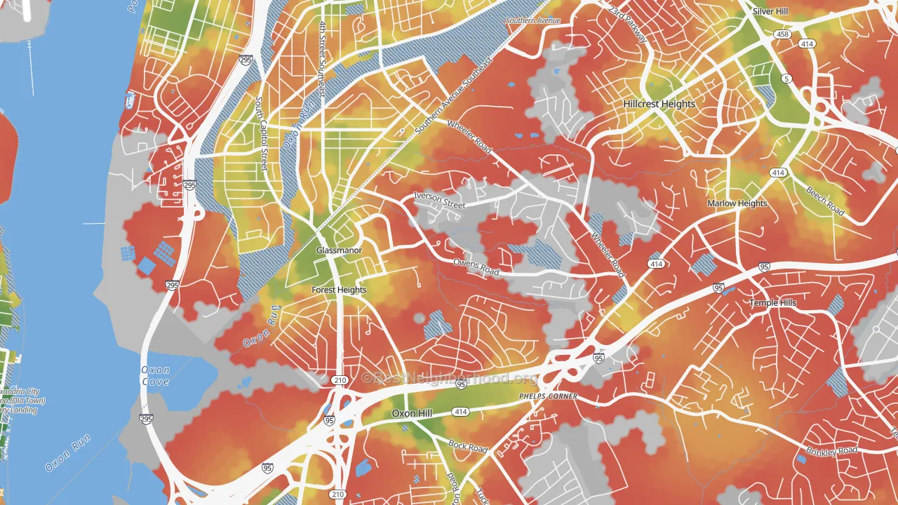 Walk Grade map of Glassmanor, MD, walkable areas in green and car-dependent areas in red