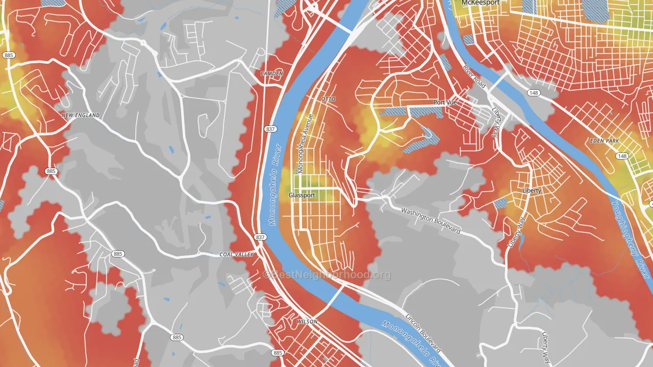 Walk Grade map of Glassport, PA, walkable areas in green and car-dependent areas in red
