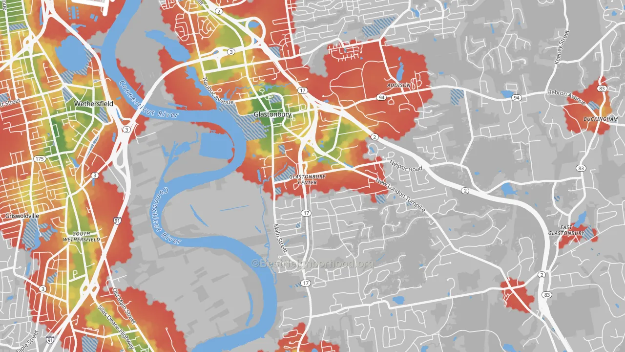 Walk Grade map of Glastonbury Center, CT, walkable areas in green and car-dependent areas in red