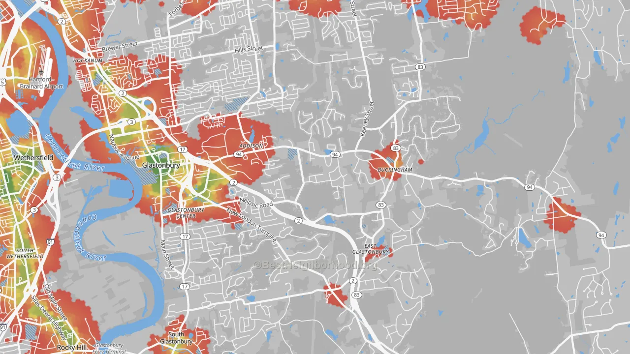 Walk Grade map of Glastonbury, CT, walkable areas in green and car-dependent areas in red