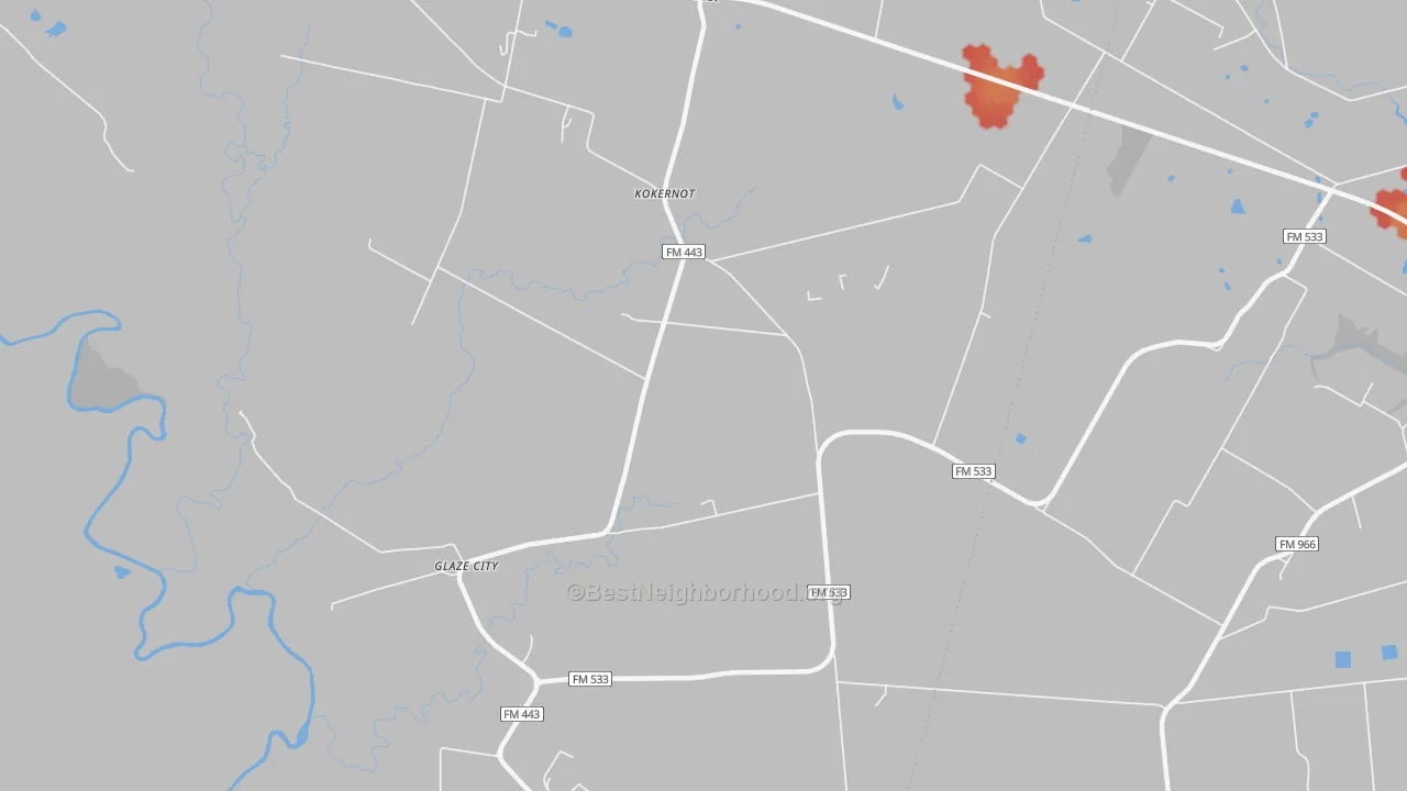 Walk Grade map of Glaze City, TX, walkable areas in green and car-dependent areas in red