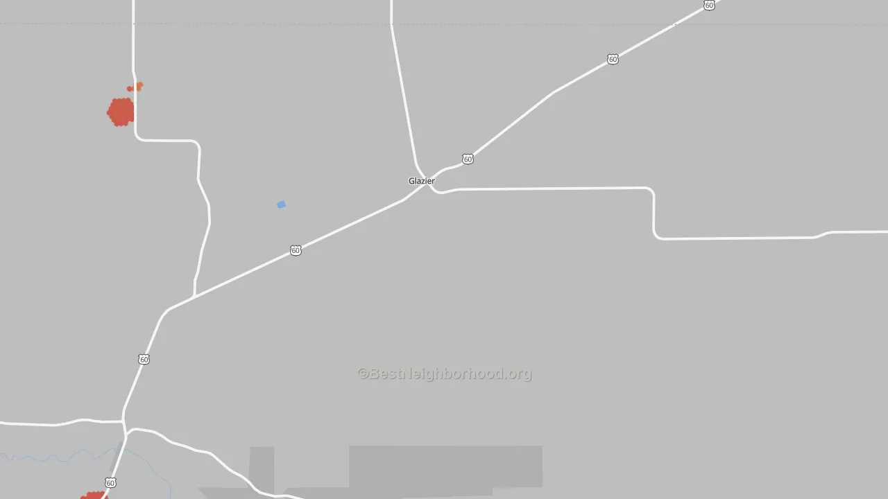 Walk Grade map of Glazier, TX, walkable areas in green and car-dependent areas in red
