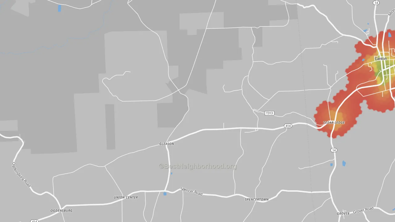 Walk Grade map of Gleason, PA, walkable areas in green and car-dependent areas in red