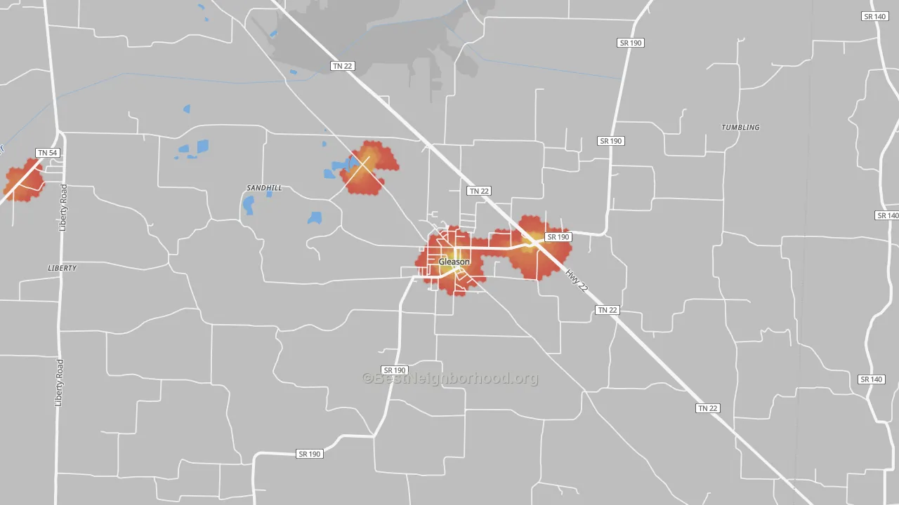 Walk Grade map of Gleason, TN, walkable areas in green and car-dependent areas in red