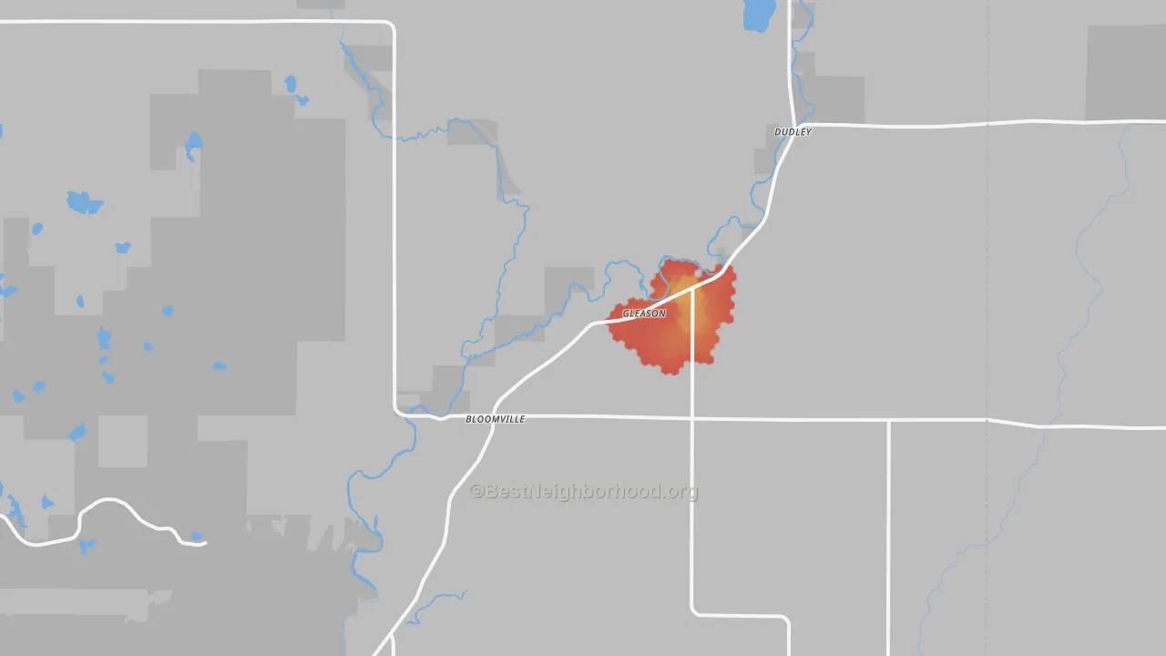 Walk Grade map of Gleason, WI, walkable areas in green and car-dependent areas in red
