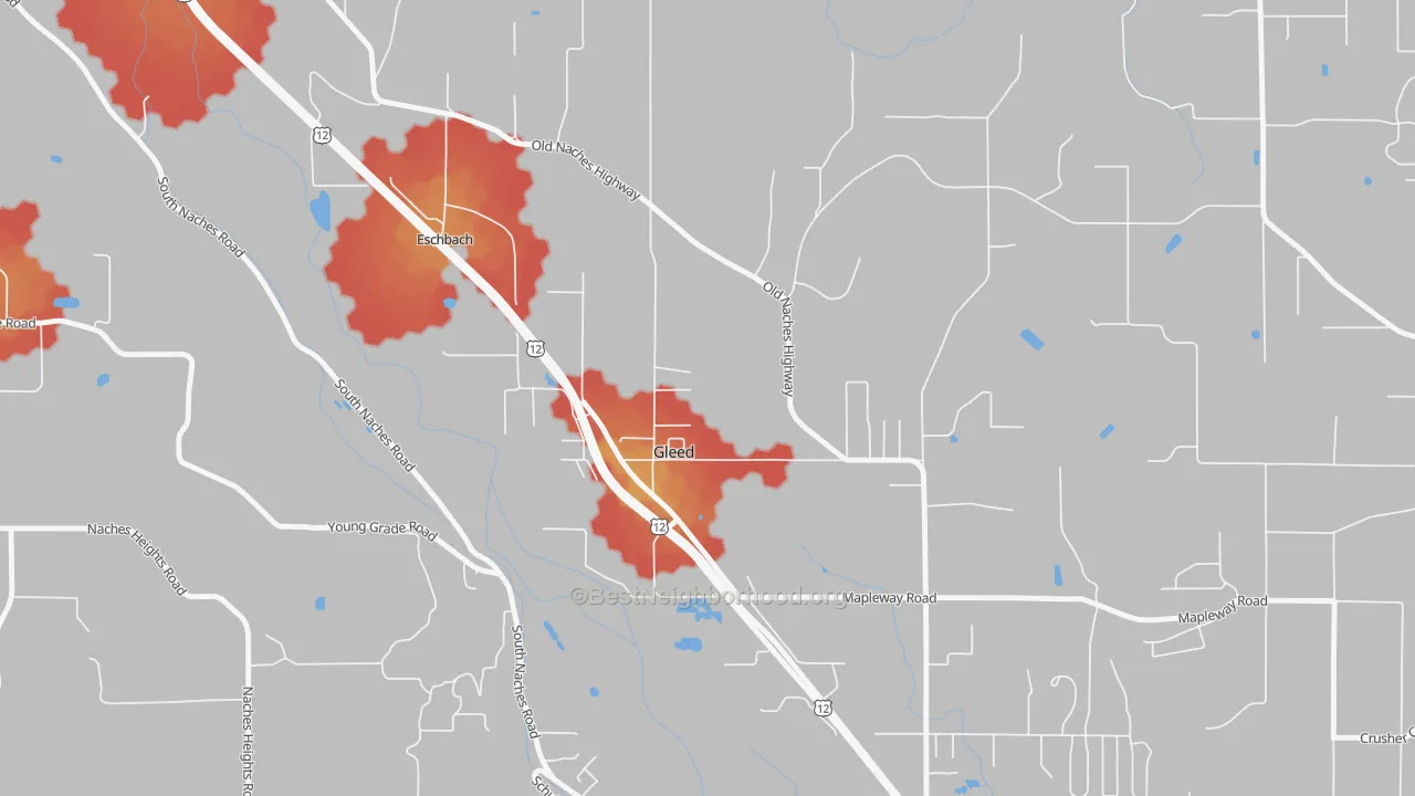Walk Grade map of Gleed, WA, walkable areas in green and car-dependent areas in red
