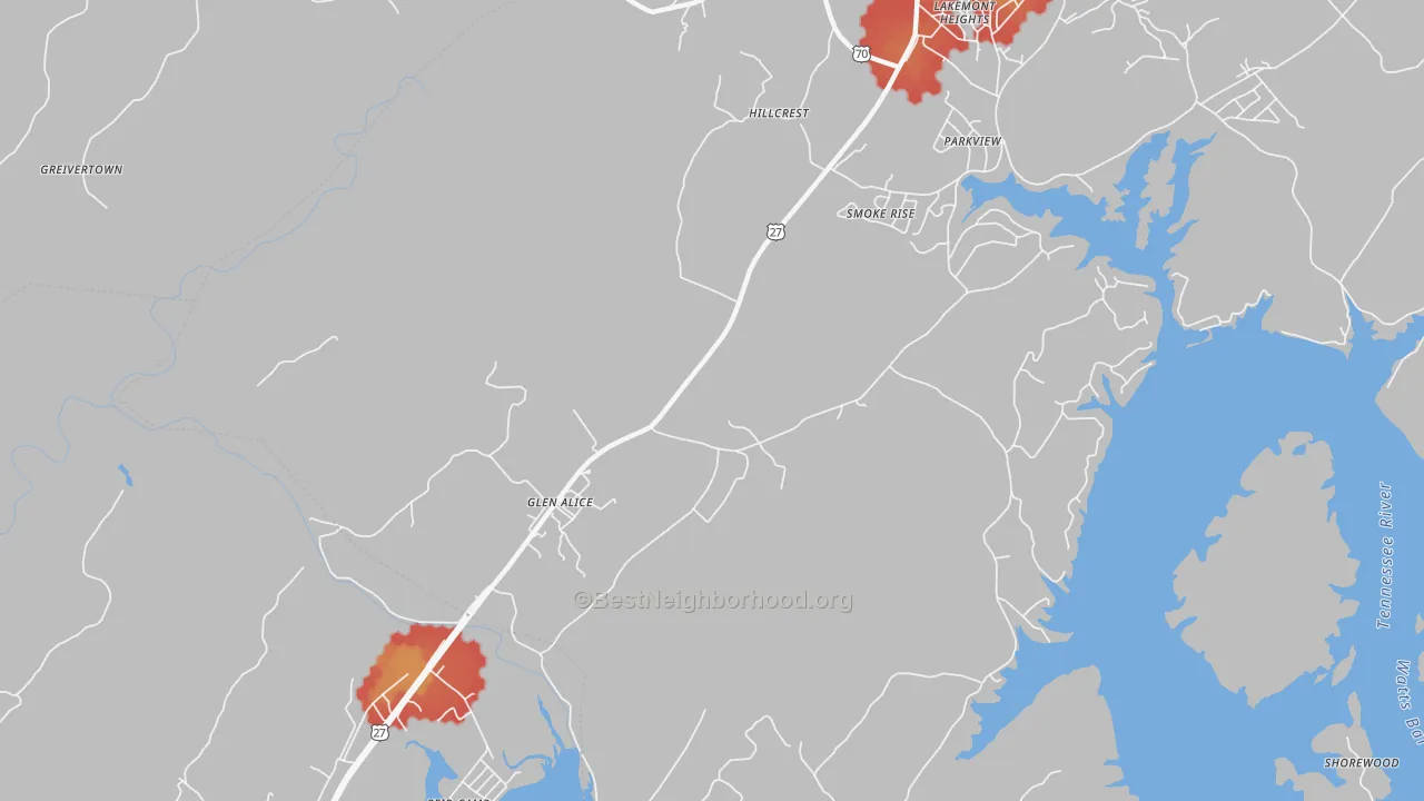 Walk Grade map of Glen Alice, TN, walkable areas in green and car-dependent areas in red