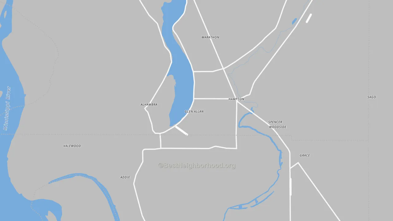Walk Grade map of Glen Allan, MS, walkable areas in green and car-dependent areas in red